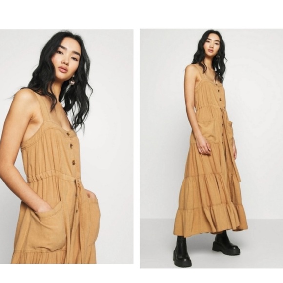 Tan Button-Front Tiered Pinafore Midi Dress 🌿 - Picture 14 of 14